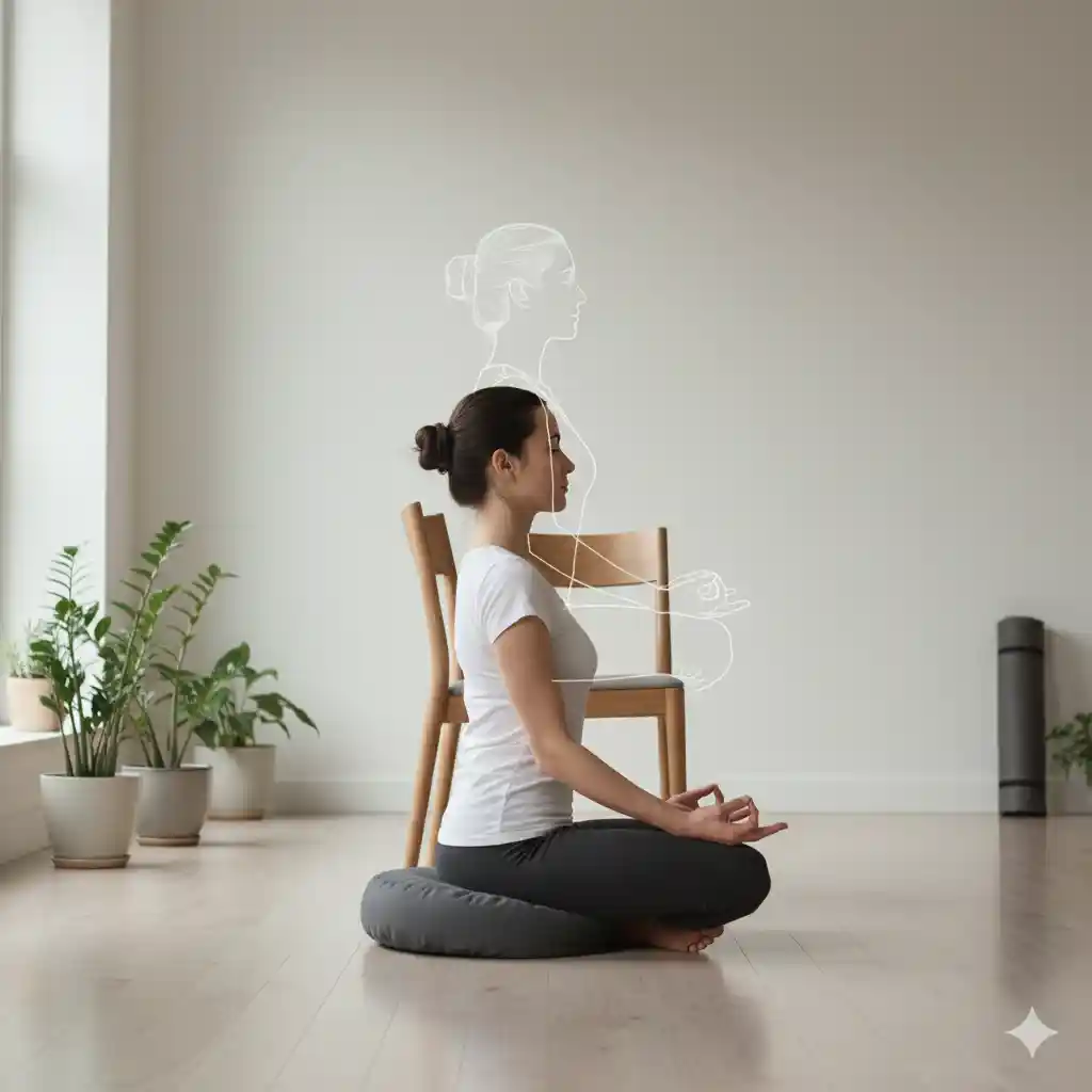 A person from the side in a perfect, straight-spined meditative posture, with a ghost-like outline showing the same posture in a chair.