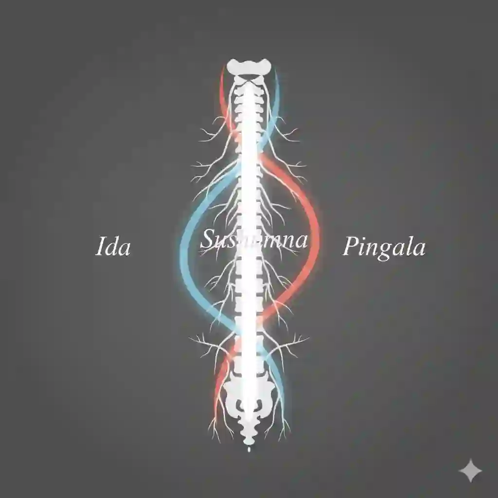 A minimalist medical illustration of the human spine with three glowing energy channels: blue on the left (Ida), red on the right (Pingala), and a central white light (Sushumna).