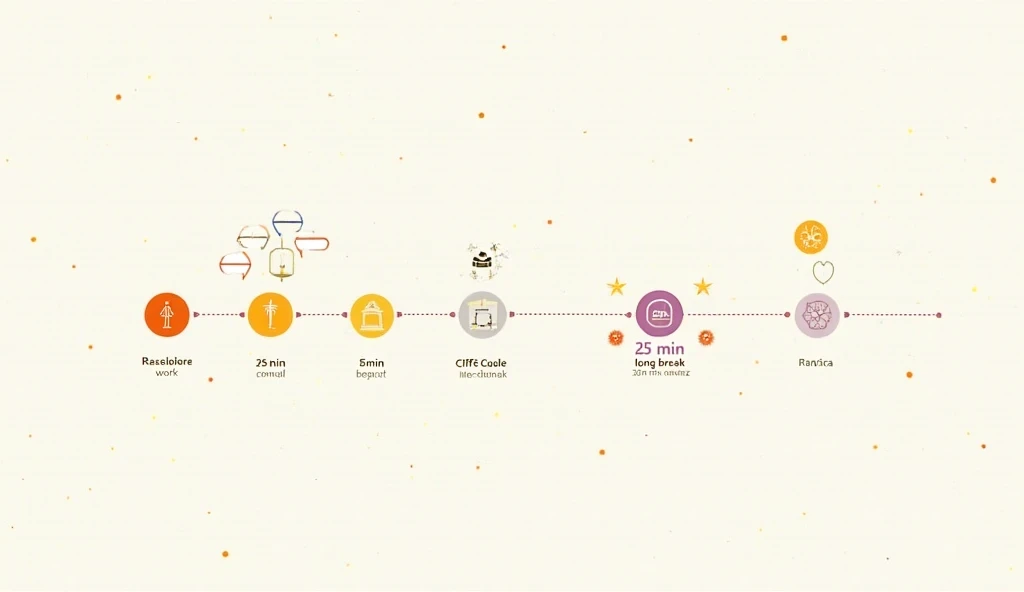 A diagram showing the Pomodoro Technique cycle: 4 sessions of 25-minute work and 5-minute breaks, followed by a longer 15-30 minute break.