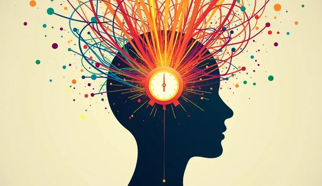 An abstract illustration of a human head with colorful gears and circuits, representing the unique wiring of the ADHD brain and the potential for focused thought.