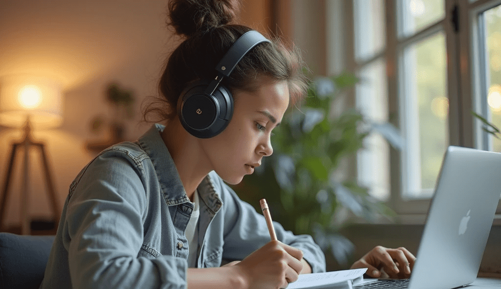 A focused student using headphones, representing the use of soundscapes for concentration.